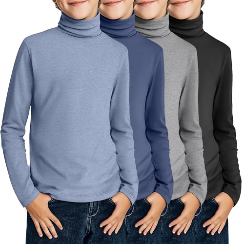 4 Pack Boys Turtleneck Long Sleeve Shirts Elastic Solid Warm Basic Football Baseball Undershirt Base Layering Tops