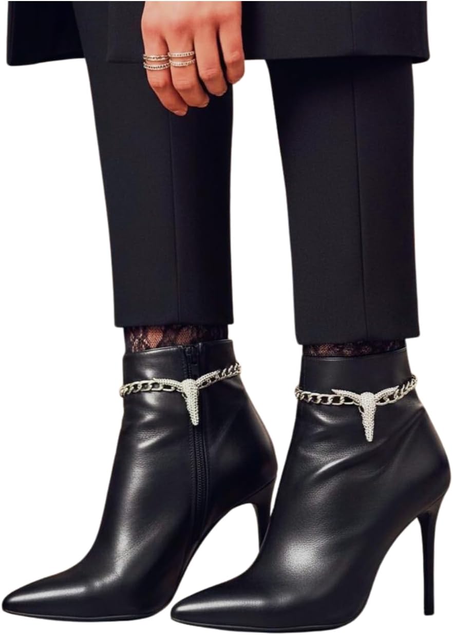 Women’s Boot Chain Anklets – Shiny Silver Rhinestone Longhorn Bull Skull Pair Western Cowgirl Boot Jewelry Handmade in the USA (BC34)