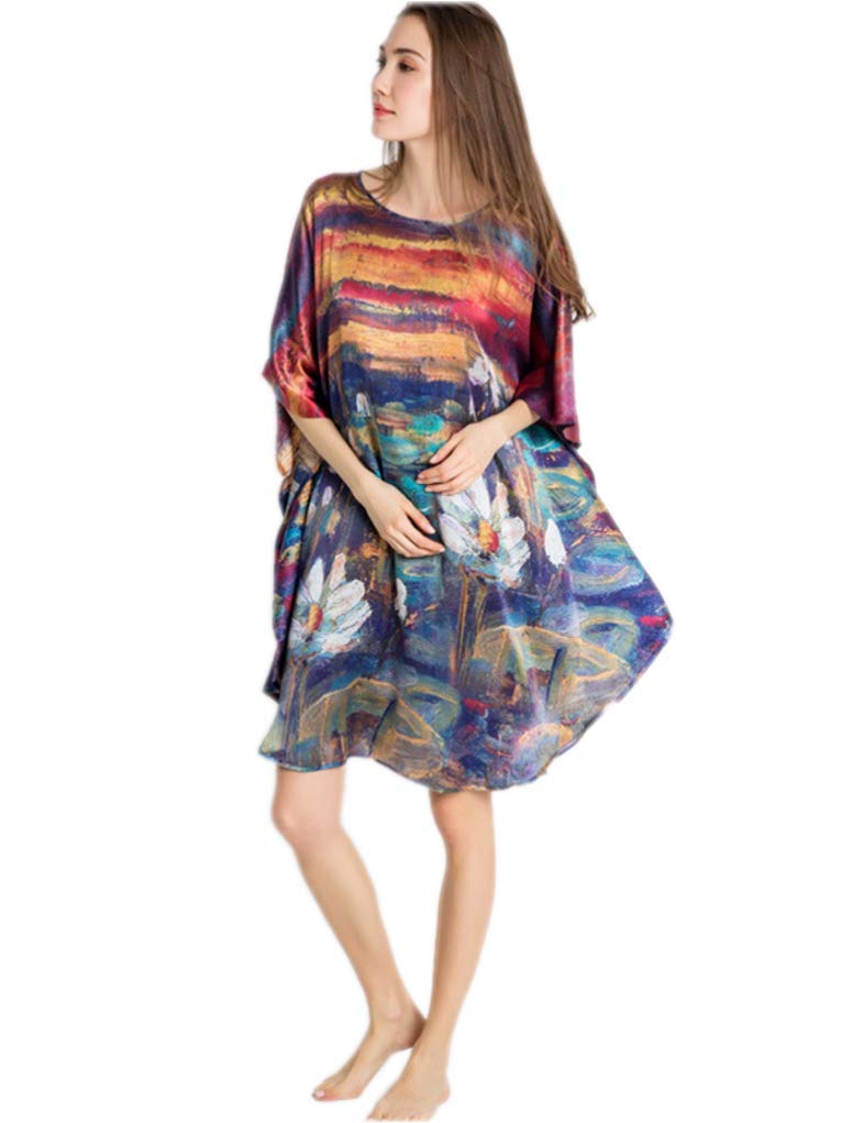 Donna 100% Pura Seta Raso Crepe Kimono Vestaglia Pigiama Caftano Camicia da Notte Stampa d'Arte
