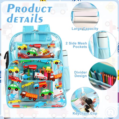 Kolewo4ever 3 Pieces Clear School Backpack Set Elementary Kindergarten Back to School Gift Trains, Planes, and Trucks Transparent Backpack with Lunch Bag and Pencil Pouch3