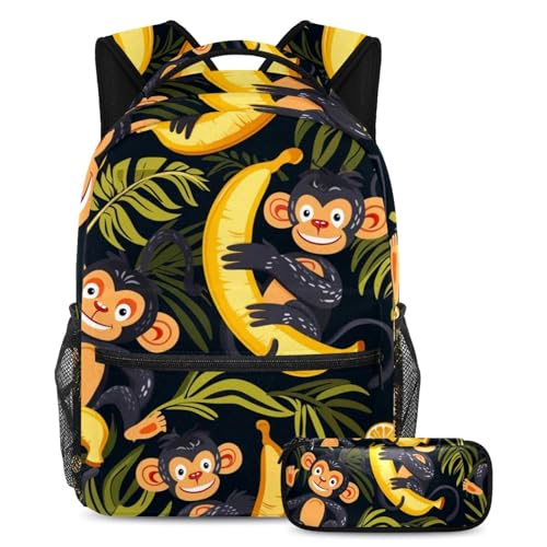 Cartable singe et banane grand sac à dos scolaire et trousse étudiante fille garçon