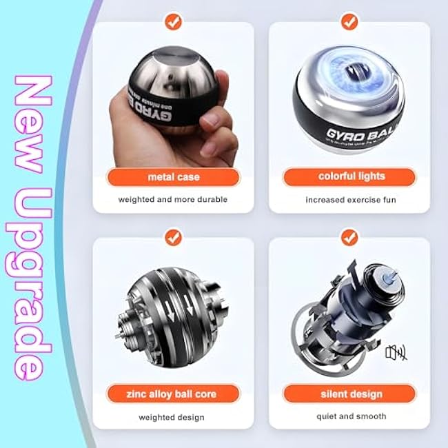 Metal Torque Ball with Light, Weighted Auto-Start Gyro Ball Hand Wrist Forearm Trainer and Strengthener for Exercise Joint and Muscle with Bag