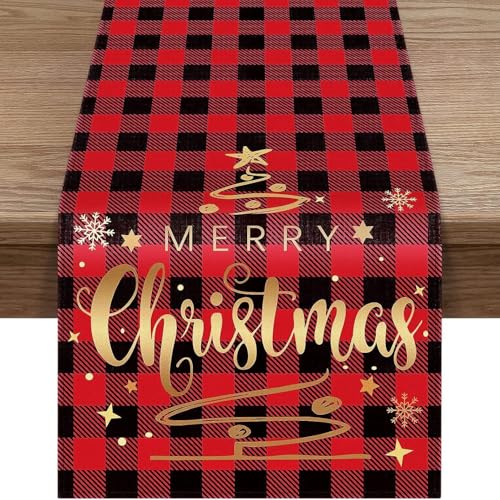GADITIEK Camino de Mesa de Navidad, 33 x 180 cm Mantel de Lino de Navidad, Mantel de Navidad a Cuadros Rojos Lavable, Camino de Mesa Navideño, Decoración de Mesa de Navidad (Merry Christmas)