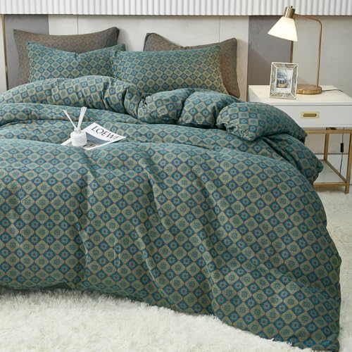 Image of VM VOUGEMARKET Boho Duvet Cover King Geometric Pattern,3Pcs Yarn-Dyed Muslin Cotton Duvet Cover Set Blue Green Flower Bedding Set for Girls Women Without Comforter