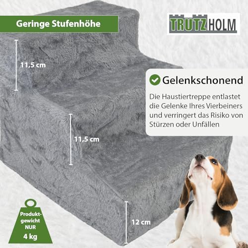 TRUTZHOLM Hundetreppe 3 Stufen Hunderampe für Bett und Sofa, Abnehmbarer, waschbarer Plüschbezug in Anthrazit robuste Hundetreppe Katzentreppe Hunderampe gelenkschonend