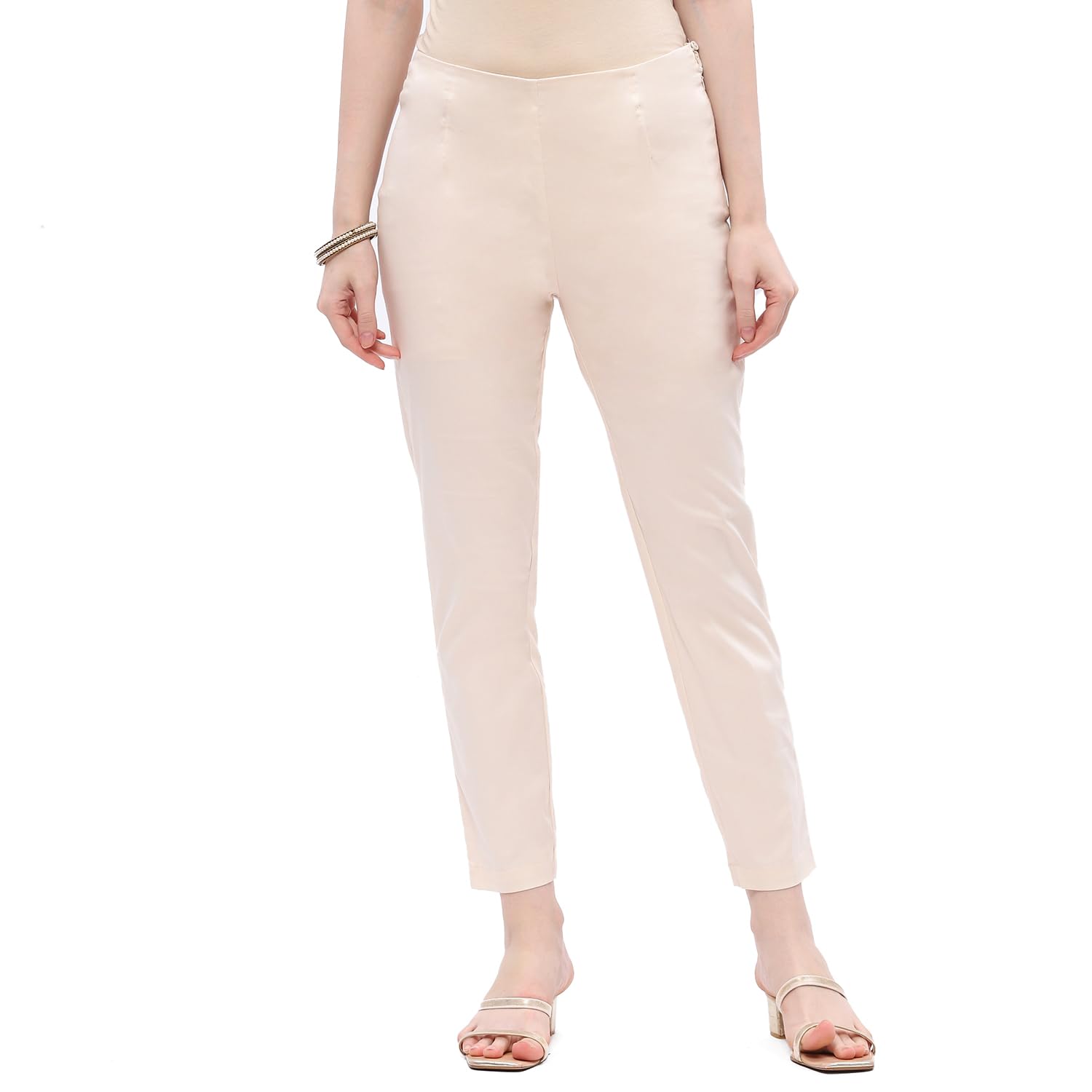 Rangriti Cream-Coloured Cotton Solid Slim Fit Pants for Women in cream