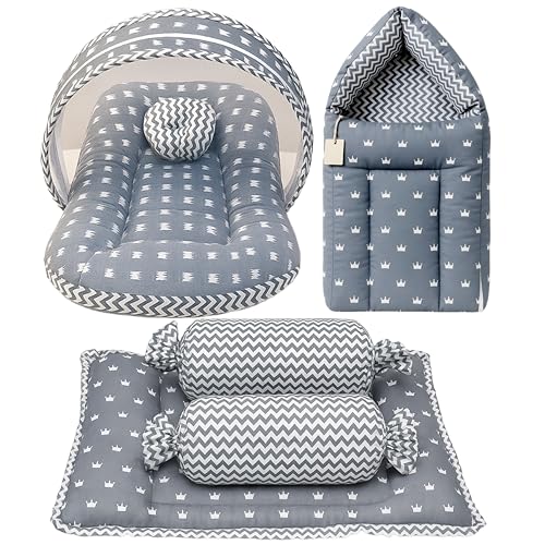 Image of Fareto Combo of Baby Bed with Net | Carry Bag | 4 Pcs Bedding Set (0-6 Months, Baby Size, Cotton) (Grey Crown)