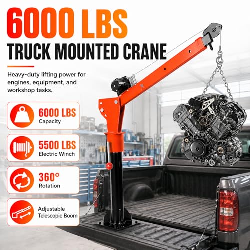 6000 LBS Truck Bed Crane, Alloy Steel Pickup Truck Jib Crane, 5500 LBS 12V Electric Winch, 14in Base, 3 Gear Adjustable Boom, 360° Swivel Truck Crane for Lifting Goods in Factory, Workshop