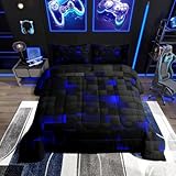 Erosebridal Black Navy Royal Blue Comforter Set Full Neon Geometric Checkered Bedding Set for Teen Boys Gamer Room Decor,Abstract Stereoscopic Grids Quilt Square Plaid Check Bed Set 3 Pcs