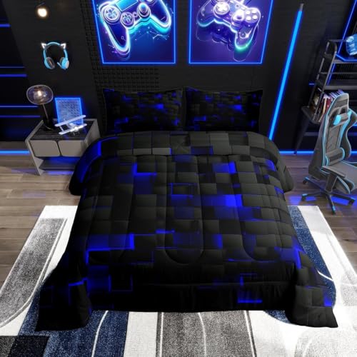 Erosebridal Black Navy Royal Blue Comforter Set Full Neon Geometric Checkered Bedding Set for Teen Boys Gamer Room Decor Abstract Stereoscopic Grids Quilt Square Plaid Check Bed Set 3 Pcs