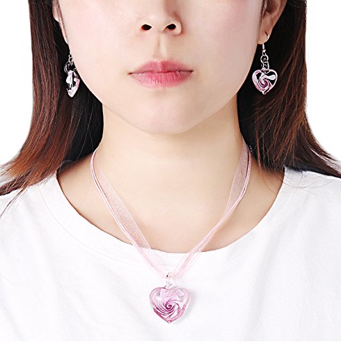 Lovely Glaze Spiral Flower Love Heart-Shape Pendant Necklace Inner Inlaid Flower Geometric Ribbon Chain Creative Jewelry For Women Girls Gifts-Pink Flower #TOP4