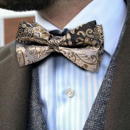 Image of Barry.Wang Paisley Striped Bow Tie for Men Silk Pre-Tied Bowtie Pocket Square Cufflinks Set Formal Wedding Party Prom