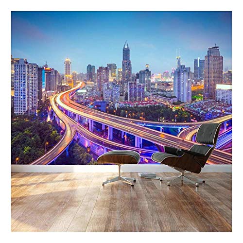 wall26 - Large Wall Mural - Beautiful City Skyline Traffic Lights on Roads and Bridges at Evening | Self-Adhesive Vinyl Wallpaper/Removable Modern Decorating Wall Art - 66
