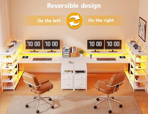 Image of DurayLoly 63 inch L Shaped Desk with 6-Tier Shelves & 2 Fabric Drawers,White | Reversible Corner Desk with Monitor Stand & CPU Stand,Power Outlet & LED Lights,Computer Desk for Home Office,Bedroom