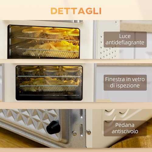 Homcom Mini Forno Elettrico 20L Ventilato 1400W, Forno Da Tavolo Multifunzione Con Aria Calda, 90–230°C, Timer 60 Min, 5 Modalità, Luce Interna, Doppio Vetro, Accessori Inclusi, Crema - 8