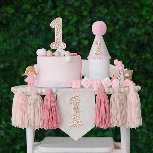 HODIHIWI Pink Baby Girl 1st Highchair Banner Wood Bead Tassel Garland Conical Cap Bling Cake Topper Birthday Party Decorations
