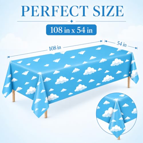 Image of 4 Pack Blue Sky Cloud Plastic Tablecloths, 54 x 108 in, Disposable Covers