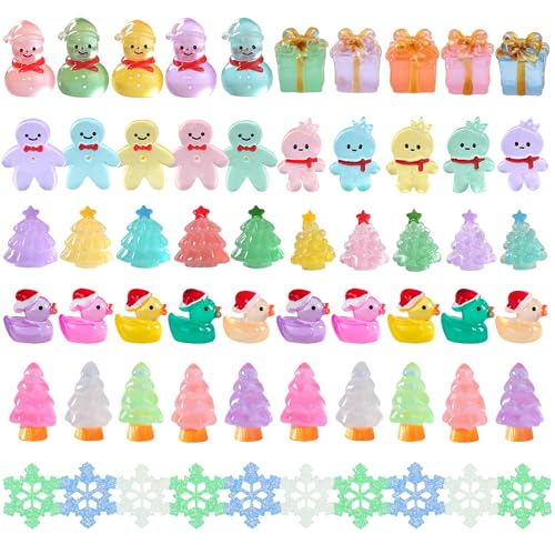 ZXSWEET 60 PCS Christmas Mini Resin Figures Glow in The Dark Miniature Figurines Aquarium Ornaments Charms for Garden Dollhouse Aquarium Home Christmas Snowflake Party