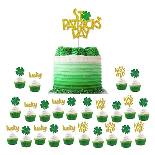 25Pcs St.patrick's Day Cake Topper Kit Glitter Shamrock Cupcake Toppers Gold Green Four Leaf Clover Cake Picks Lucky Kiss Me Cake Decor Toothpicks - Irish Festival Saint Paddy's Day Party Decoration #TOP3