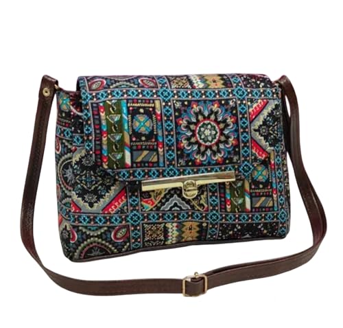 Sac à bandoulière floral bohème imprimé géométrique et ethnique à pompons