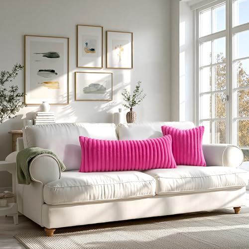 Image of MIULEE Faux Fur Decorative Throw Pillow Covers 18x18 Set of 2 Hot Pink | Retro Vintage Boho Spring Home Decor Soft Plush Couch Pillows Cozy Fluffy Cushion Covers for Sofa Bed Living Room