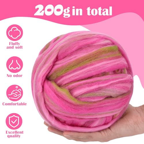 Image of Wool Roving 7.02oz Colored Natural Needle Felting Wool Bulk for Spinning, Arm Knitting Blanket, Wet Felting, Handcrafts, Yarn Roving for DIY Craft Materials(Pink Ombre)
