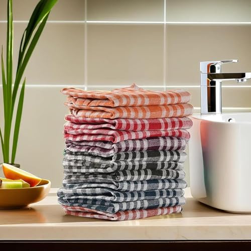 Image of ikis Cotton Kitchen Towels, 30x56 cm, Pack of 12, Striped Multicolour Dish Cloths, Quick Absorbent Cleaning Napkins