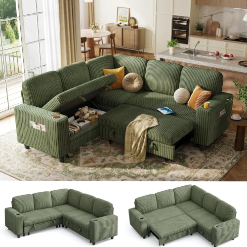 Image of LINSY HOME Pull Out Sofa Bed Sectional Sleeper Sofa with Storage, Plush Corduroy Pullout Modular Sectional Couches for Living Room, L Shaped Convertible Couch Bed for Apartment (Green)