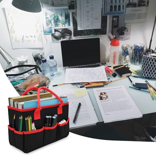 Image of Cupohus Desktop Art Craft Storage Tote Bag and Stock Organizer (Black&Red) | Supply Storage Bags with Pockets and Handles, Oxford Fabric Carrying Caddy for Teacher, Officer, Artist, Traveler, and More