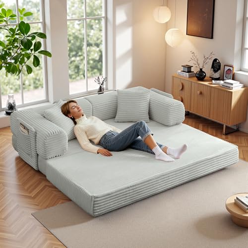 Image of Boneless Couch Futon Sofa Bed Sectional Couches for Living Room,Cloud Couch with Sleeper Sofa,Sofas for Living Room Oversized Corduroy Upholstered (Light Grey, 81 Inches (with Iron Frame))