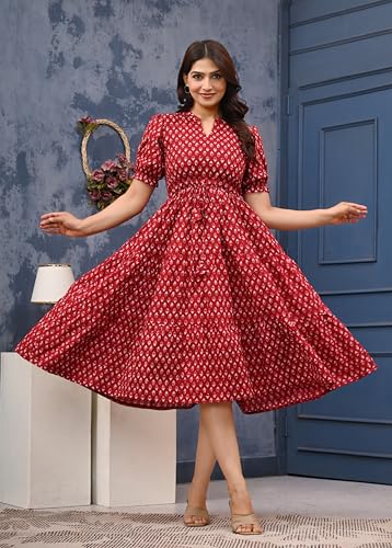 Image of LABEL ADRIJA Pure Cotton Calf Length Midi Dress for Women Floral Print | Flared Anarkali Dress Puff Sleeves