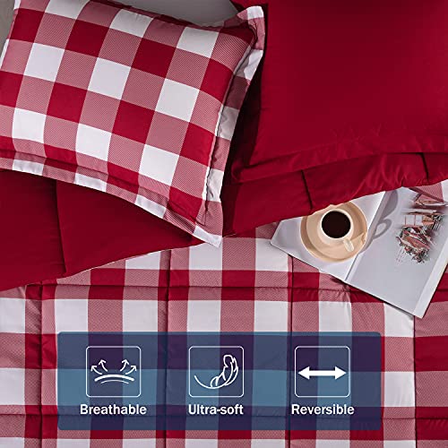 Image of downluxe Lightweight Plaid Comforter Set (King) with 2 Pillow Shams - 3-Piece Set - Red /White Plaid - Down Alternative Reversible Comforter