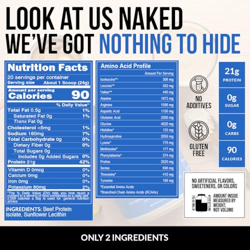 Image of Naked Beef Protein Isolate - Grass Fed European Beef Bones, 21g Protein, 0g Carbs, Collagen, Amino Acids, Dairy Free, No Artificial Ingredients, Paleo Keto Carnivore Friendly, Unflavored - 20 Servings