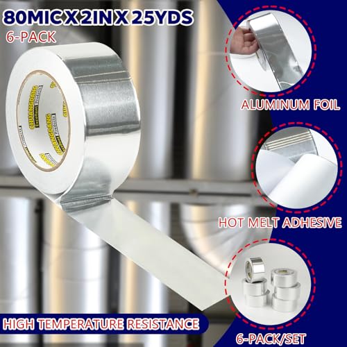 Image of Aluminum Foil Tape,6-Pack,2'' x 75 Feet,Silver Metal HVAC Tape,High Temperature Dryer Vent Insulation Tape for Ductwork,Air Ducts,Metal Repair,Heat Resistant