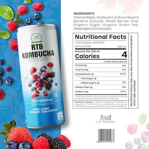 Image of RTB KOMBUCHA Health Mixed Berries Drink - Pack of 250ml | Helps in Immune System & Digestive System(Kombucha Culture, Fruit Pulp & Organic Sugar)