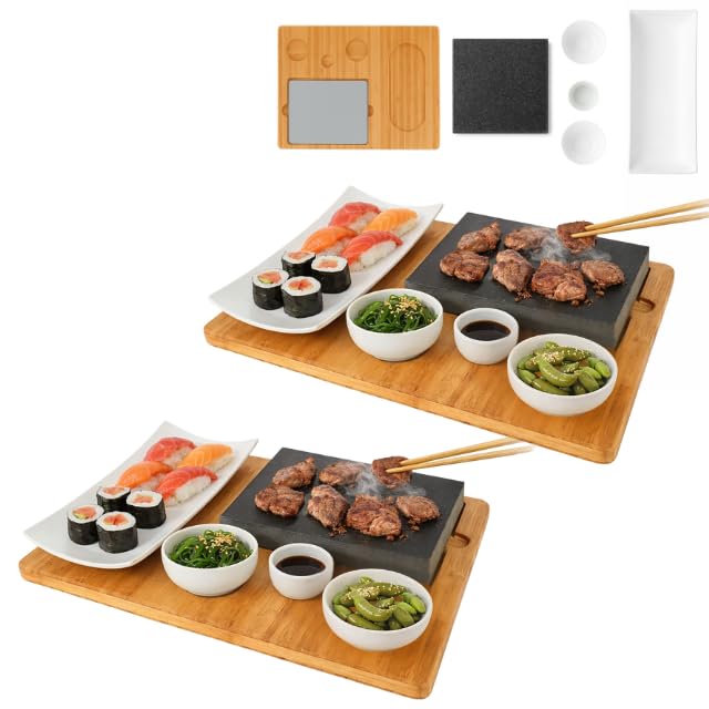 CAWI Lot de 2 planches à steak en pierre de lave - Plateau de service - Planche en bambou avec grill à pierres chaudes - Plaque de cuisson à steak - Plaque...