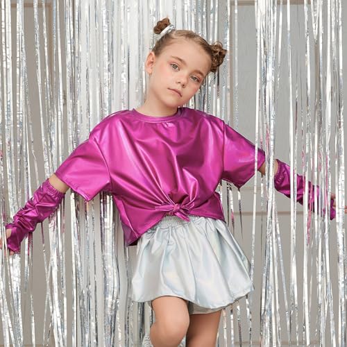 Image of Perfashion Girls Metallic Shirts Shiny Tie Front Knot Crop Top with Arm Sleeves for Dancing Raves Festivals 4-15 Years