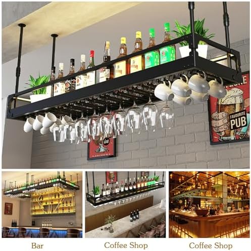 Ceiling Wine Glass Rack, Metal Adjustable Hanging Stemware Wine Rack with Guardrail, Stemwares Holder Glass Storage Hanger Organizer for Bar Cafe Kitchen(Gold,23.6in)