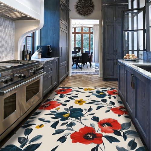 Tapis lavable fleurs rouges 90x150cm carpette antidérapante - 5