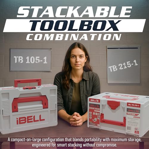 Image of iBELL Dual Size Stackable Tool Storage Boxes - TB215-1 (Large) & TB105-1 (Medium) - Durable PC+ABS