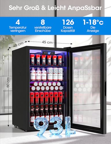 JUMMICO 93L Getränkekühlschrank: Frostfrei, Extrem Leise & Energiesparend. Platz für 126 Dosen, 4 höhenverstellbare Regale – Elegantes Design für Bar, Wohnzimmer und Home Office.