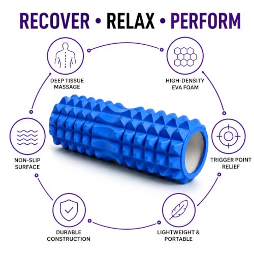 Image of Foam Roller for Exercise & Gym | Deep Tissue Muscle Massage Roller for Back, Neck, Calf & Thigh Pain Relief | Yoga, Stretching, Recovery & Fitness Workout Equipment | 33cm Blue
