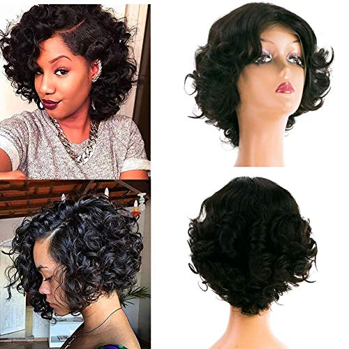 Lace Front Human Hair Wigs Funmi Curly Wavy Wig Short Human Hair Romance Bouncy Curl Hair wig U Part Lace Frontal Bob Wigs for Woman Curly Daily Wear Wigs Natural Black Color 12 Inch