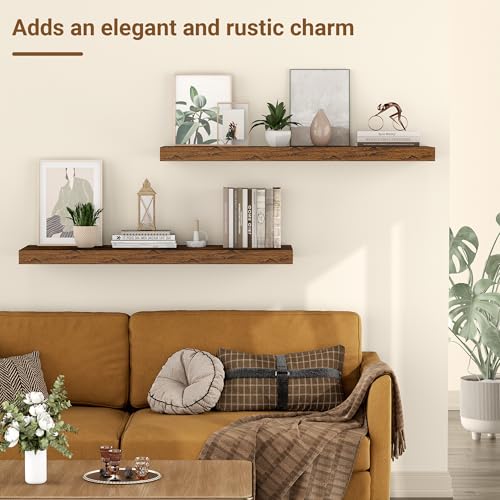 Image of 24 Inch Floating Shelves, 12 Inch Deep Floating Shelves for Wall, Extra Deeper & Thicker Wooden Wall Shelf with Invisible Brackets, Shelf for Bedroom Home Decor(Rustic Brown, Set of 2)