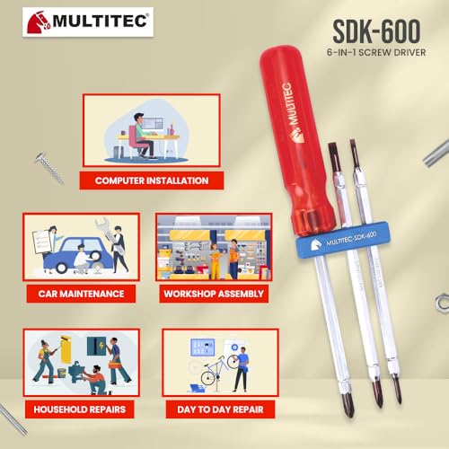 Image of MULTITEC 6-in-1 Multibit Reversible Screwdriver Set | Electrician Tool Kit with PH0, PH1 & PH2 Alloy Steel Bits | Quick Change Handle | Heavy Duty Electrical Repair & Maintenance Tool | Made in India