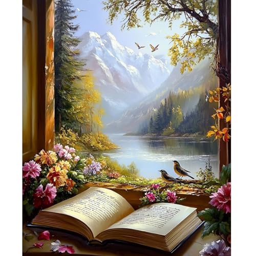 NEWENMO Hermoso Paisaje Pintar por Numeros Kit,Flores y Libros Pintura por Numeros Adultos,DIY Paint by Numbers Kits,con Pinceles y Pigmento Acrílico,para Decoración de Hogar(40x50cm,Sin Marco)