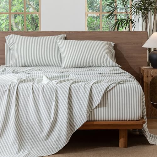 Image of MooMee Striped Sheet Set 100% Washed Cotton Linen Like King | Relaxed Linen-like Texture. Soft, Breathable & Lightweight Comfort. 15-19 inch Extra Deep Pocket with All-around Elastic
