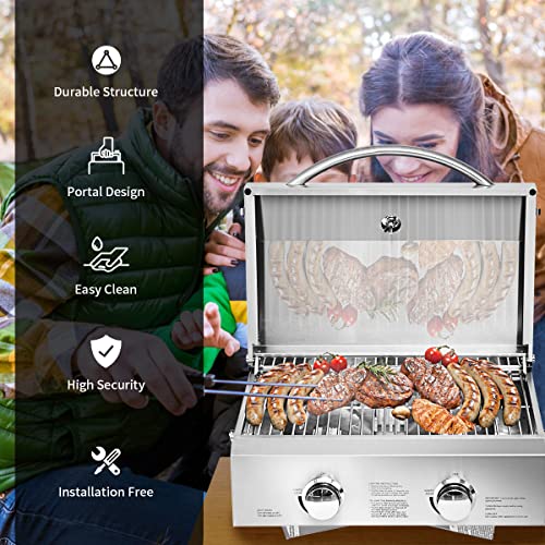 Oralner Portable Gas Grill 20,000 Btu Stainless Steel Grill Tabletop Propane Bbq Griddle W/Foldable Legs, Gas Hose, 266 Sq.in Cooking Area, 2 Burner Gas Grill For Outdoor Camping, Tailgating, Picnic #TOP2
