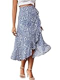 LYANER Women's Boho Floral Print Wrap Front Self Tie Knot Ruffle Hem Slit Midi Skirts Zebra Blue X-Large