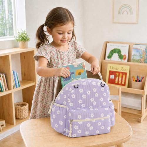 Image of Corduroy Toddler Backpack for Boys & Girls, Kids Backpacks | Small Kids Bookbag for School, 2-4 Preschool Kindergarten Backpack, Toddler Daycare Backpack - Flower-Purple